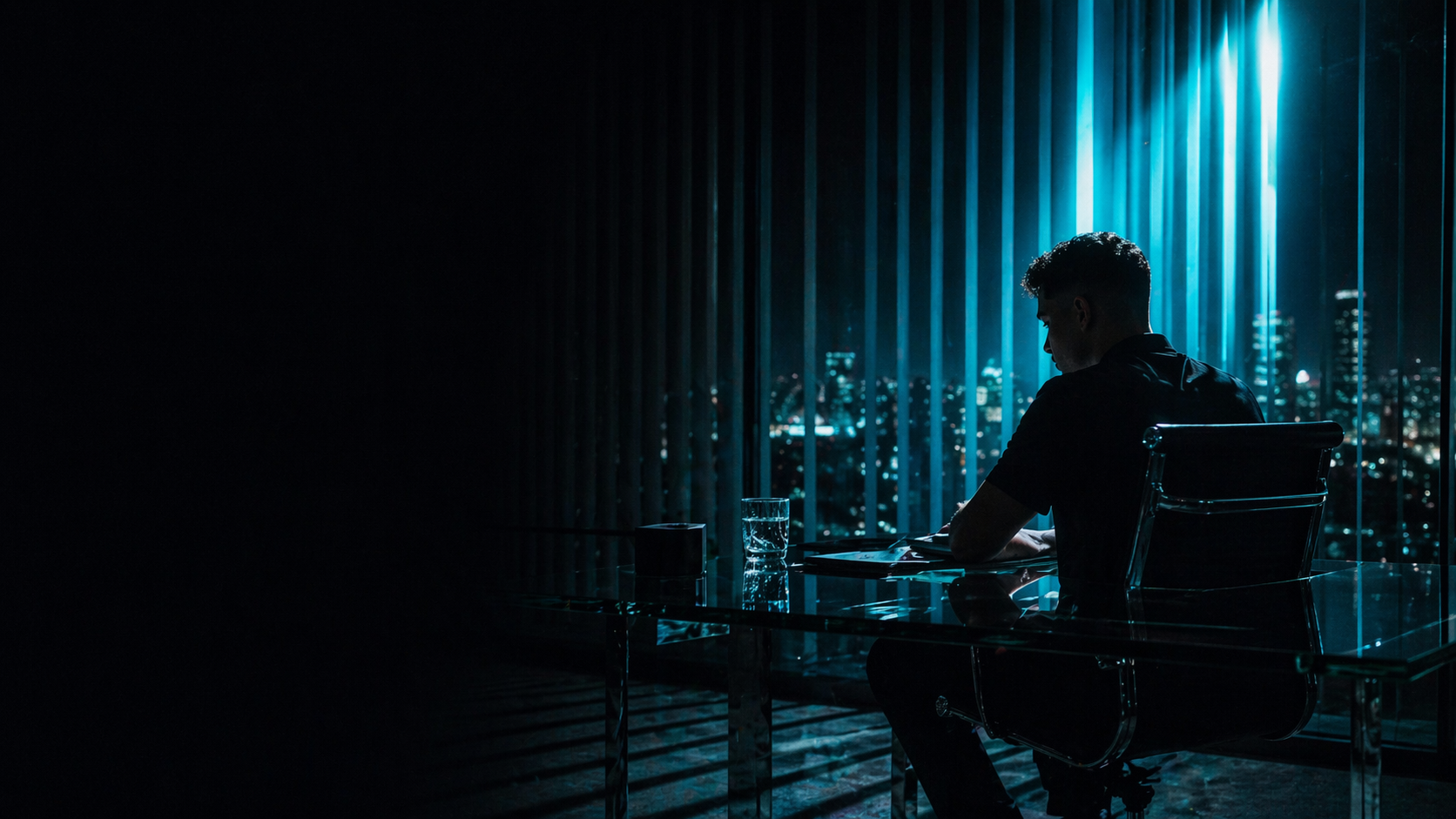 Silhouette at desk — cinematic office noir